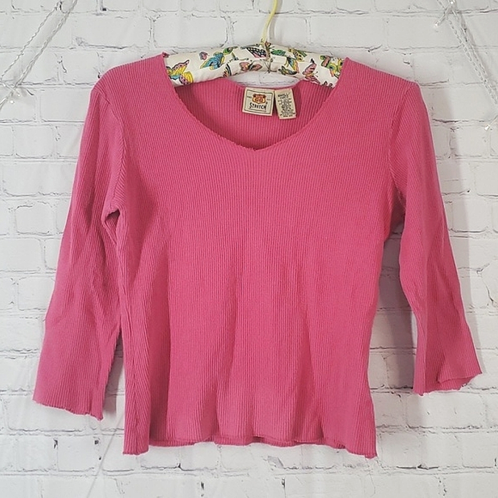 Vintage Y2k Bubblegum Barbie Pink Thermal Crop Raw Hem Quarter Sleeve Top Size S